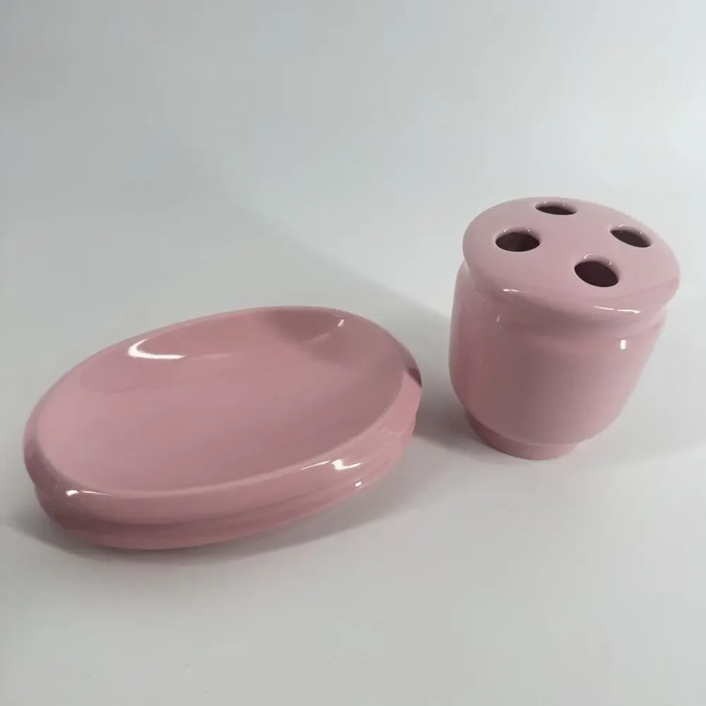 Pink MCM Ceramic Toothbrush Holder and Soap Dish Set